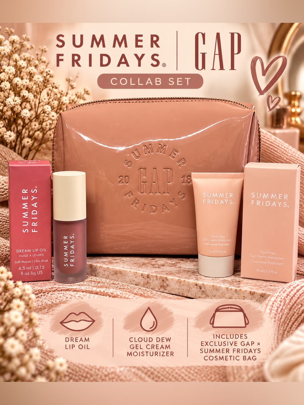 Summer Fridays x GAP Collab Set - Dream Oil, Gel Moisturizer and Makeup Bag